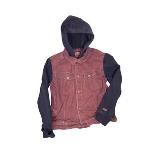 Volcom XL Distressed Jean Jacket Burgundy Red with Built-In Hoodie Mens Skater